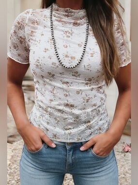 Womens Western Floral Lace Short Sleeve Top Fitted Blouse